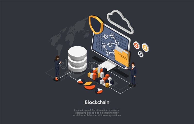 Isometric Cryptocurrency And Blockchain Concept. Man Is ...