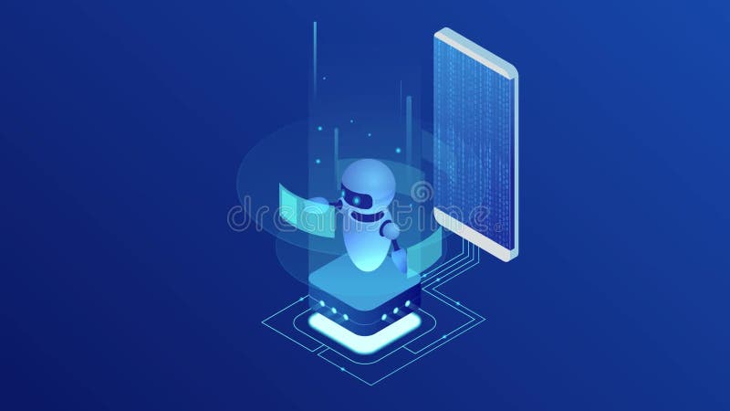 Isometric BOT και cybersecurity, έννοια τεχνητής νοημοσύνης Έννοια AI και επιχειρήσεων IOT Υπηρεσία βοήθειας διαλόγου