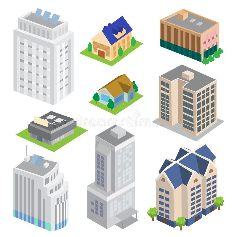 Isometric budynku Wektorowy ustawiający duży miasto ilustracji Isometric budynku Wektorowy ustawiający duży miasto ilustracji