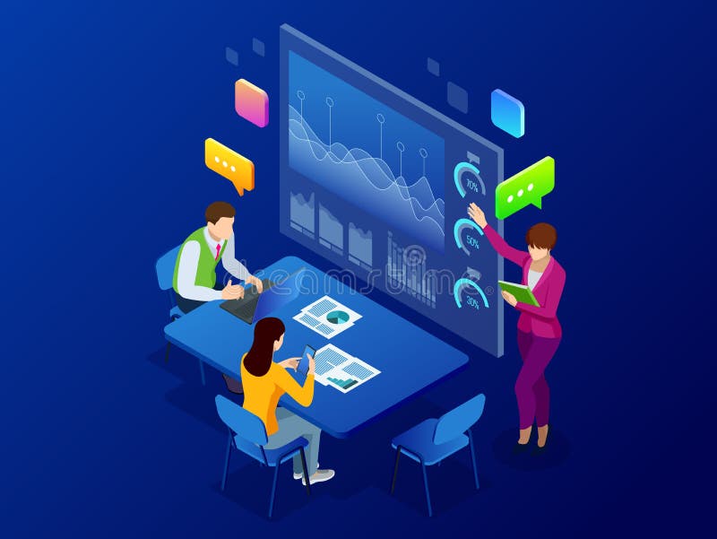 Isometric business analysis and planning, consulting, team work, project management, financial report and strategy vector illustration