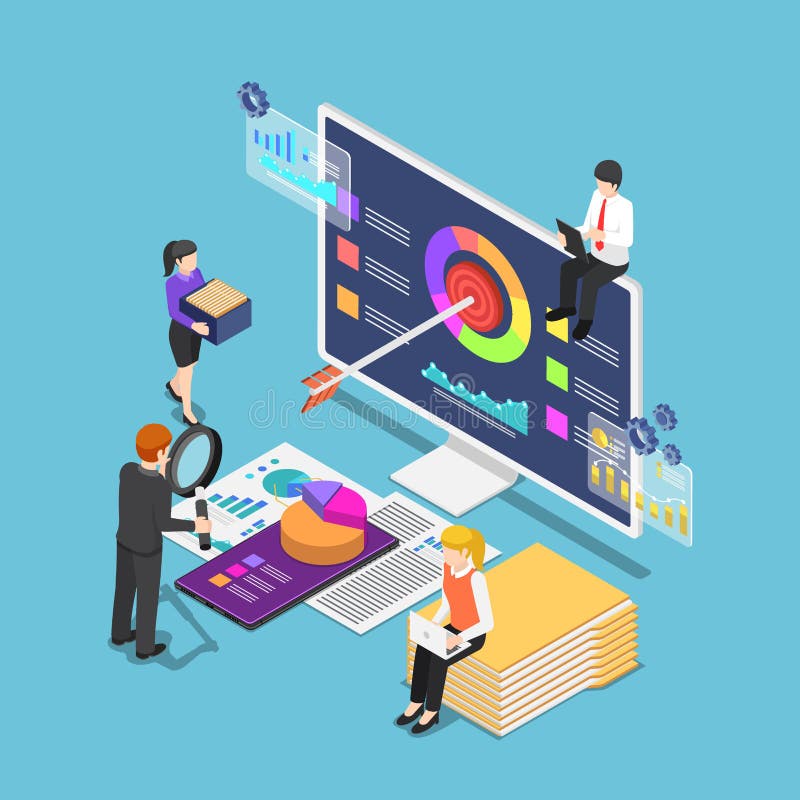 Isometric business people analyzing business statistics royalty free illustration Isometric business people analyzing business statistics royalty free illustration
