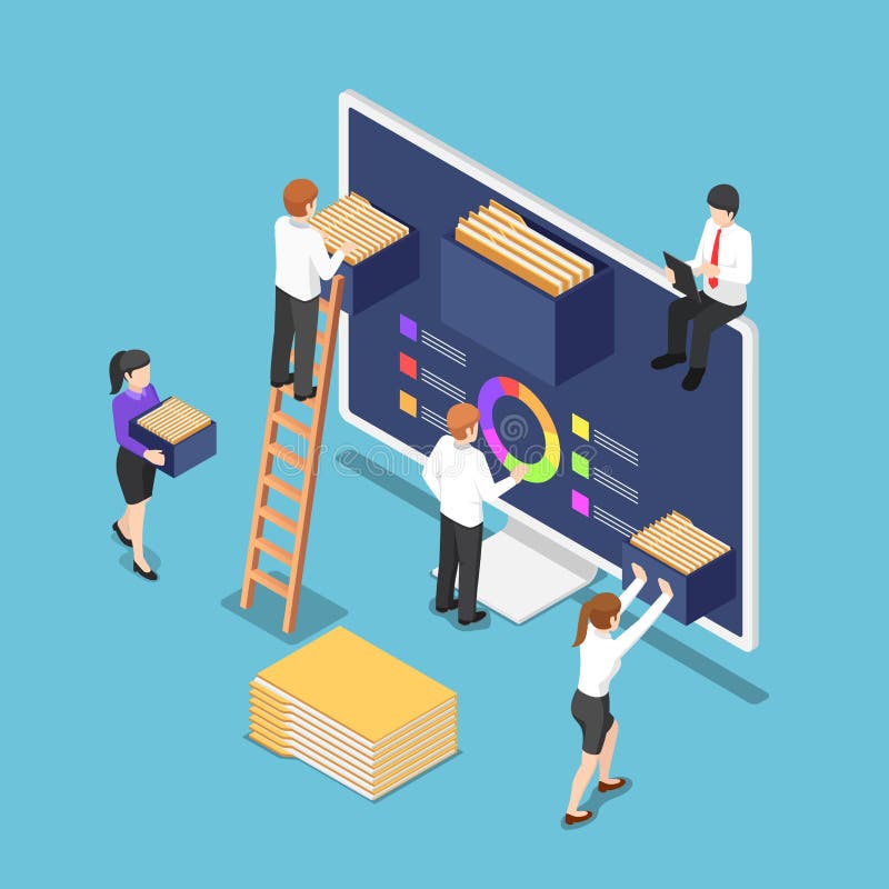 Isometric business people are organize document files and folders inside computer vector illustration