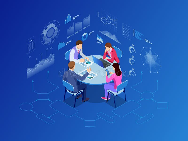Isometric business people talking conference meeting room. Team work process. Business management teamwork meeting and