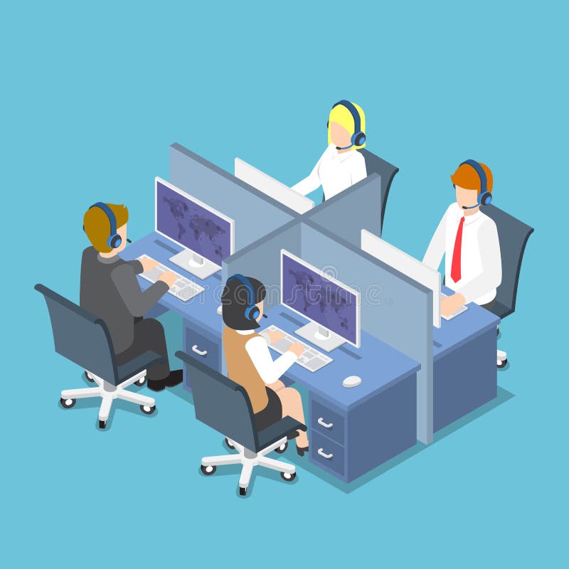 Isometric Business People Working with Headset in a Call Center royalty free illustration