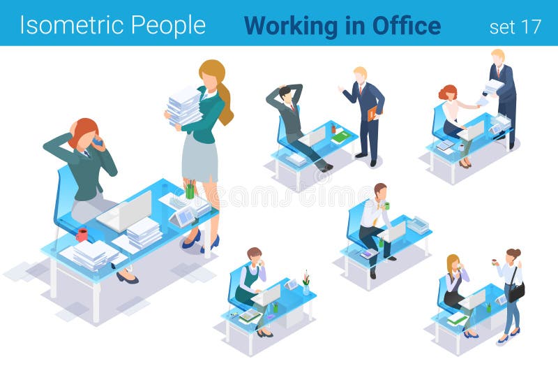 Isometric Business People at Workplaces in Office flat vector collection