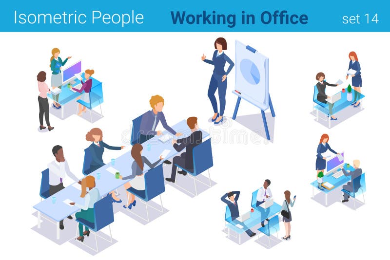 Isometric Business People at Workplaces in Office flat vector collection