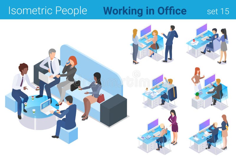 Isometric Business People at Workplaces in Office flat vector collection