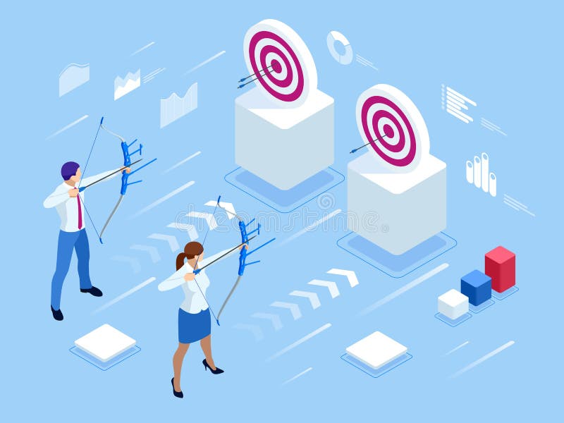 Isometric Businessman and Businesswoman shooting a bow and arrow. Success. Arrow hit the center of the target. Business vector illustration Isometric Businessman and Businesswoman shooting a bow and arrow. Success. Arrow hit the center of the target. Business vector illustration