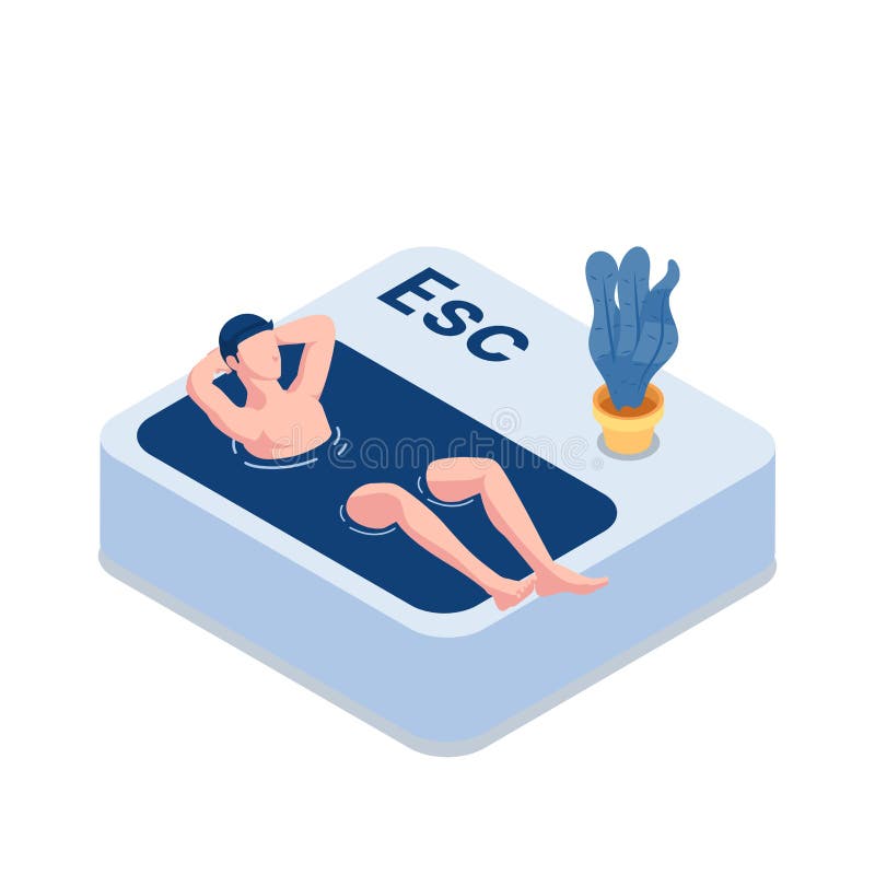 Isometric Businessman Relaxing in The Esc Escape Button Pool