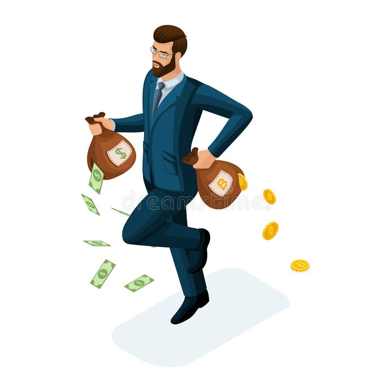 Isometric businessman runs, runs away, loses money, the concept of losing money trying to save investments. Vector illustration of vector illustration Isometric businessman runs, runs away, loses money, the concept of losing money trying to save investments. Vector illustration of vector illustration