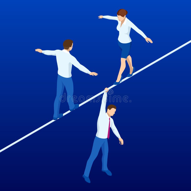 Isometric businessmen and woman tightrope walker is on the rope. Risk challenge in business, business risk, conquering