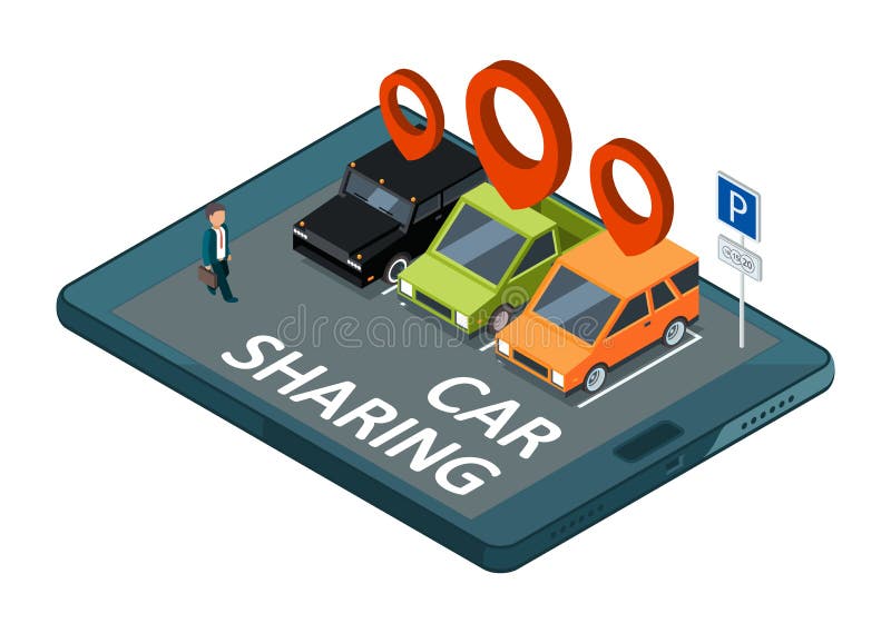 Isometric car sharing vector concept. Mobile app parking with cars and businessman illustration vector illustration Isometric car sharing vector concept. Mobile app parking with cars and businessman illustration vector illustration