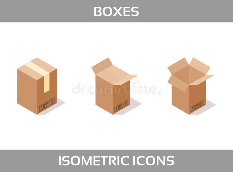 Isometric carton packaging boxes set in isometric style with postal signs this side up fragile vector royalty free illustration