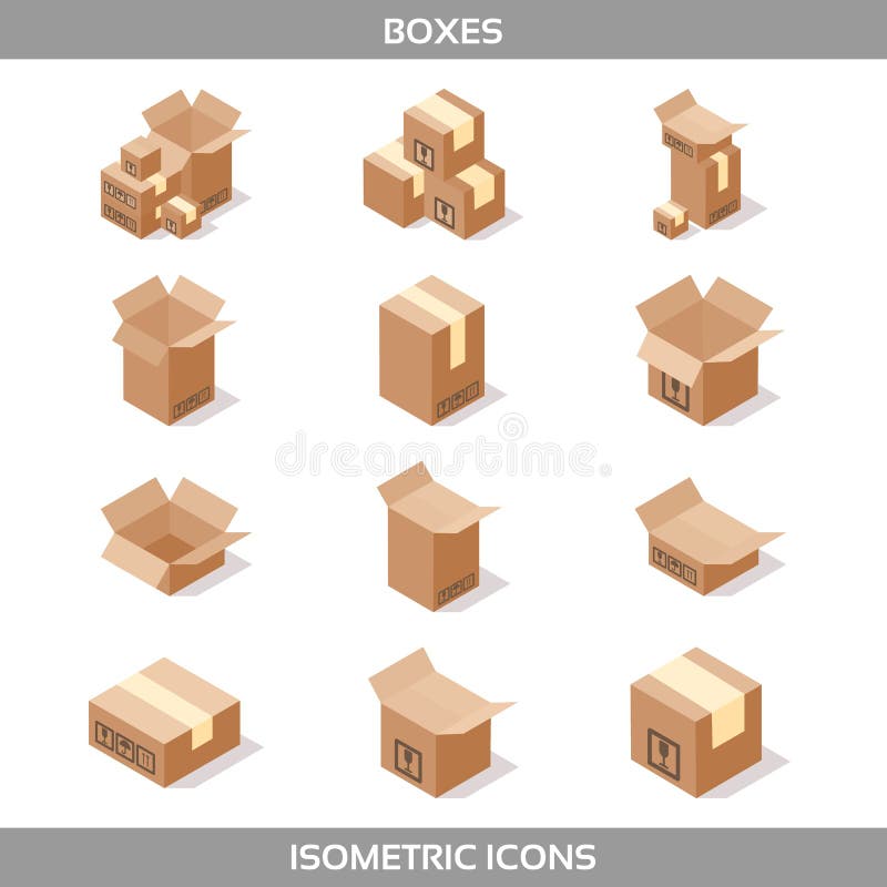 Isometric carton packaging boxes set in isometric style with postal signs this side up fragile stock illustration