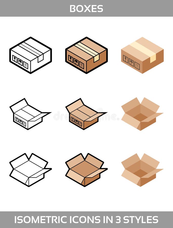 Isometric carton packaging boxes set in three styles with postal signs this side up fragile stock illustration