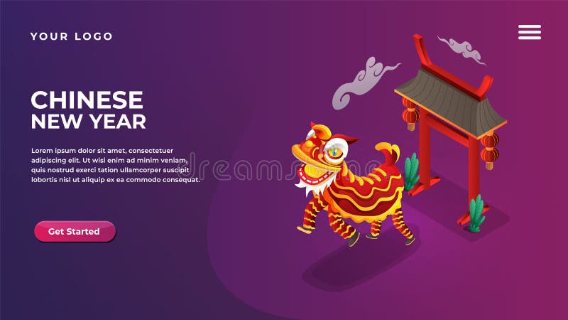 Isometric vector Chinese new year lion dance concept for website and mobile apps landing page