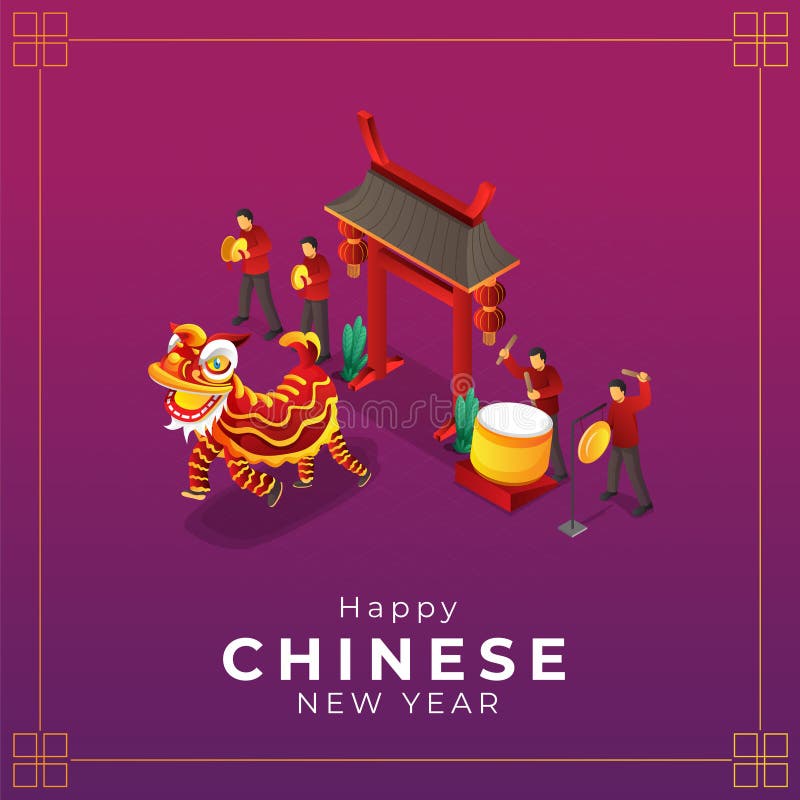 Isometric chinese new year lion dance vector greeting card