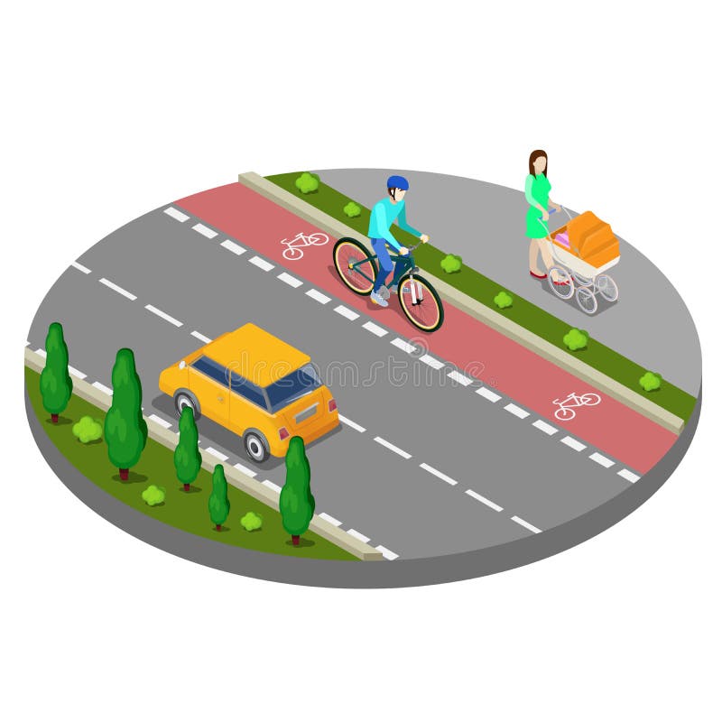 Isometric City. Bike Path with Bicyclist. Footpath with Woman vector illustration Isometric City. Bike Path with Bicyclist. Footpath with Woman vector illustration