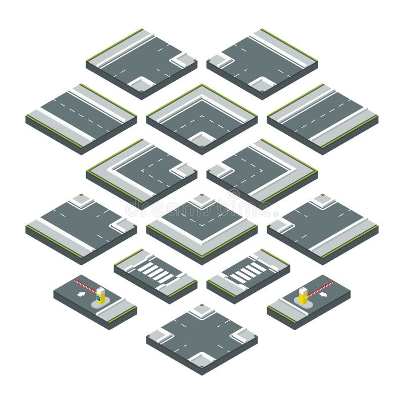 Isometric city elements road, grass and crossroads. Vector illustrations set isolate on white background royalty free illustration