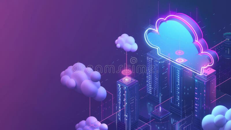 Isometric cloud file transfer landing page, media hosting, private information upload and download, connected gadgets stock image