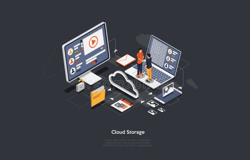 Isometric Cloud storage Concepts. Header for website with Computer. stock illustration