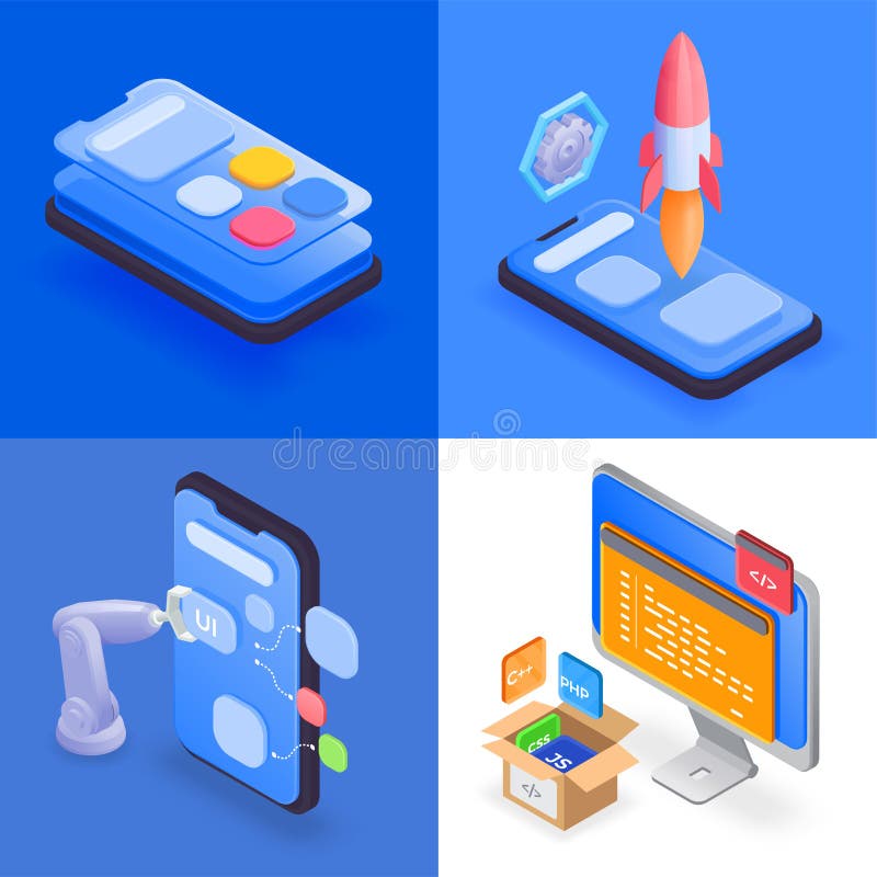 Isometric Coding Compositions Set royalty free illustration