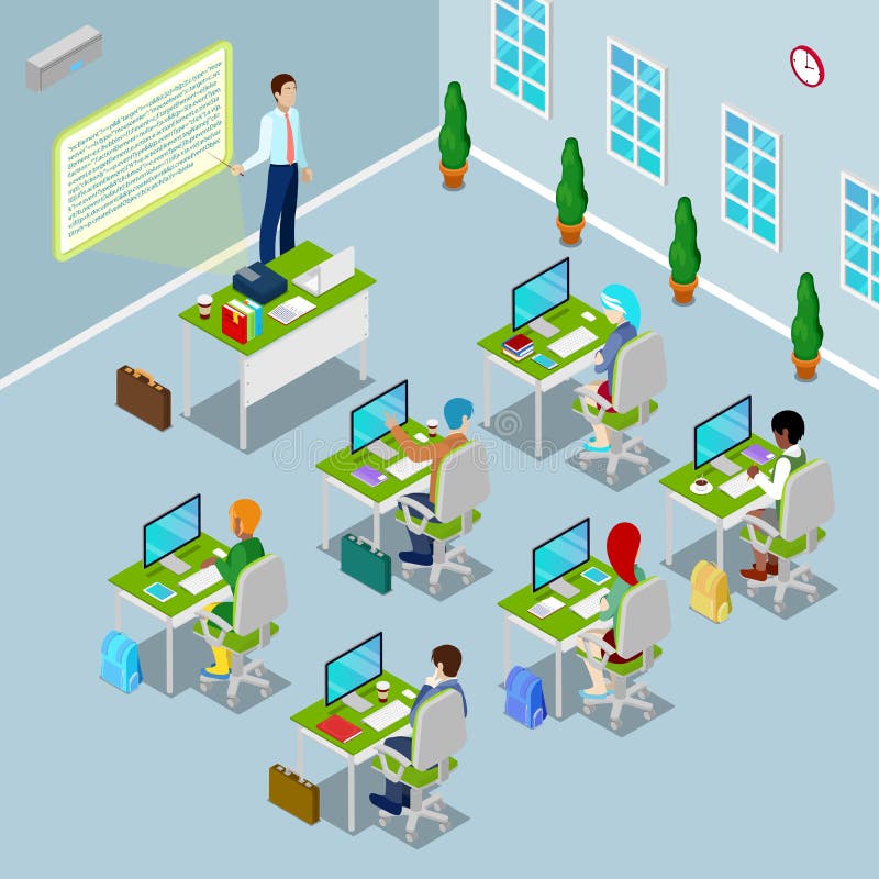 Isometric Computer Classroom with Teacher and Students royalty free illustration