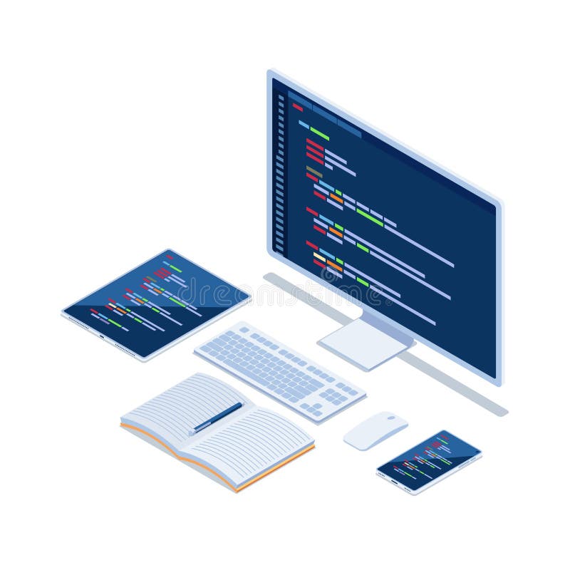 Isometric Computer Code on Monitor Smartphone and Tablet Developing Cross Platform Website royalty free illustration
