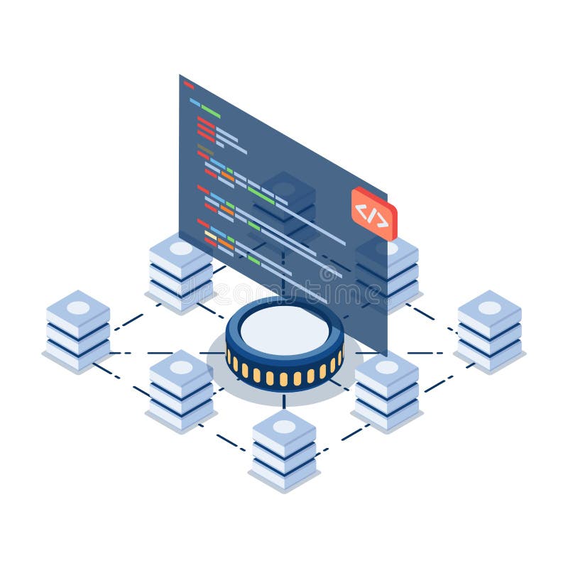 Isometric Computer Code Over Blockchain Technology stock illustration