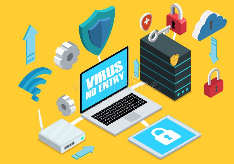 Isometric computer with components of internet security royalty free illustration