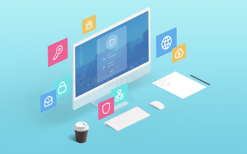 Isometric computer display with security login form and floating icons of security stock illustration