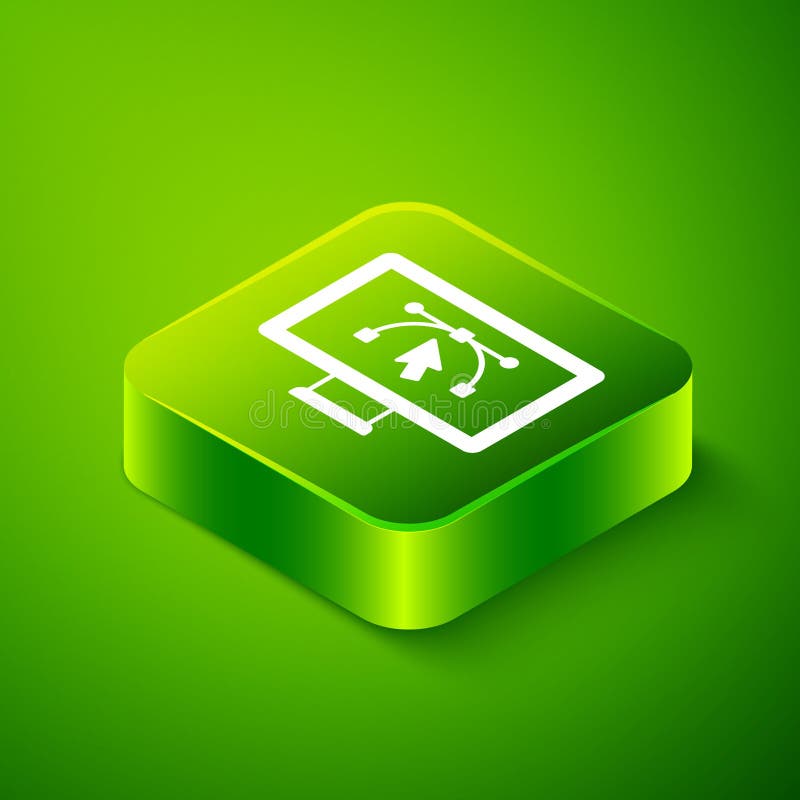 Isometric Computer display with vector design program icon isolated on isolated on green background. Photo editor royalty free illustration