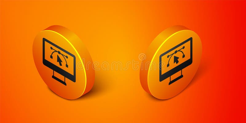 Isometric Computer display with vector design program icon isolated on isolated on orange background. Photo editor stock illustration