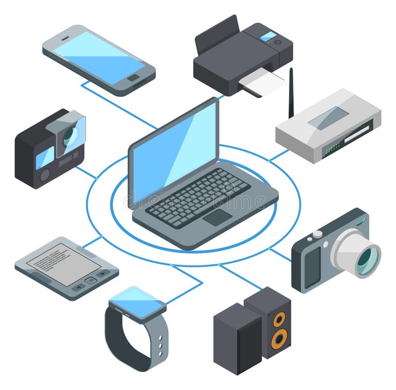 Isometric computer ecosystem devices network icon set vector illustration