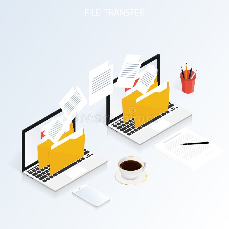 Isometric computer file transfer vector royalty free illustration