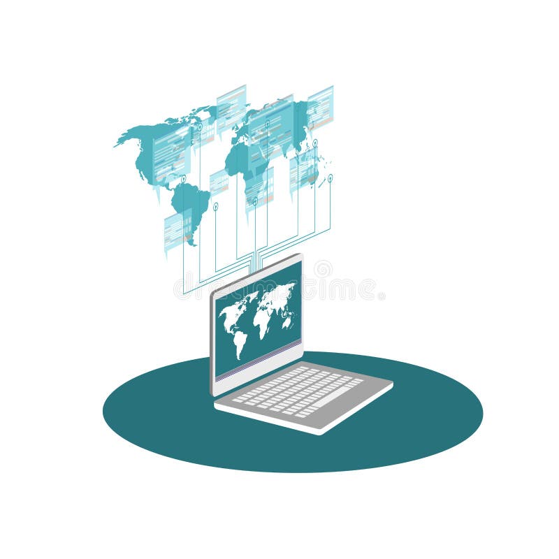 Isometric computer icon graphics data exchange vector illustration
