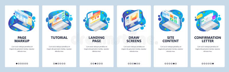 Isometric computer icons, landing page and site wireframe. Mobile app onboarding screens. Menu vector banner template royalty free illustration