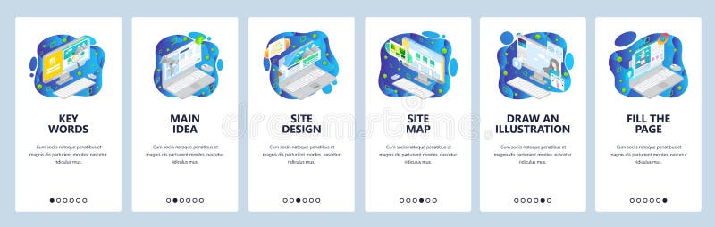Isometric computer icons. Mobile app onboarding screens. Menu vector banner template for website and mobile development royalty free illustration