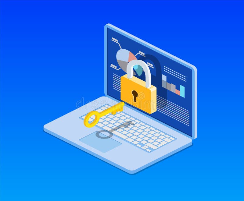 Isometric computer with key, lock royalty free illustration