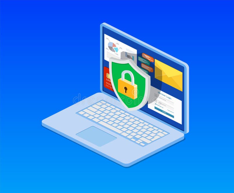 Isometric computer with key, lock vector illustration