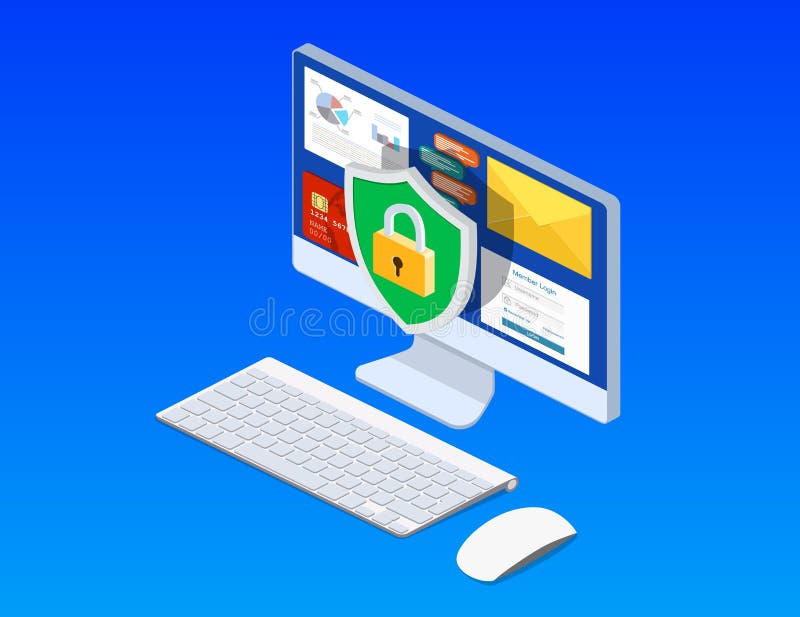 Isometric computer with key, lock royalty free illustration