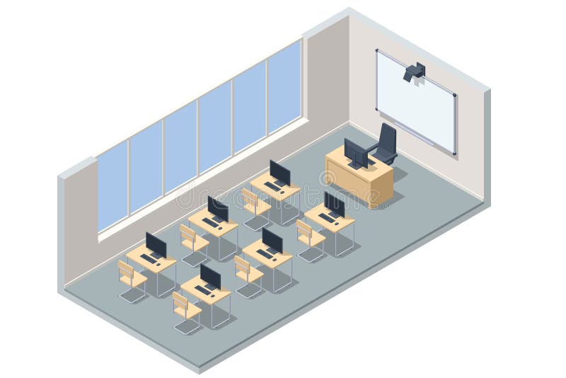 Isometric computer lab. Computer education in classroom. Computer classroom royalty free illustration