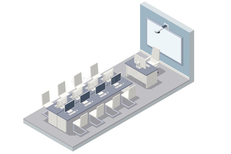 Isometric computer lab. Computer education in classroom. Computer classroom royalty free illustration