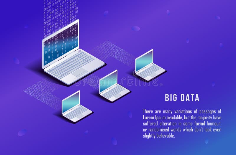 Isometric computer, laptop on blue background. Matrix code. stock illustration