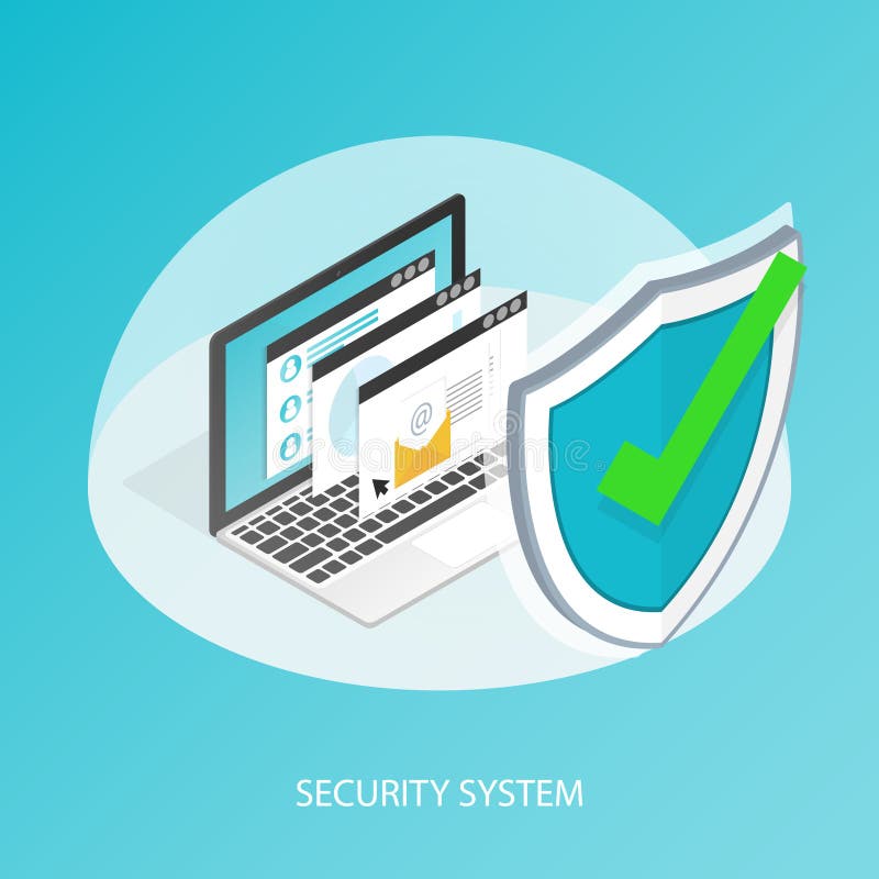 Isometric computer laptop security protect shield vector stock illustration