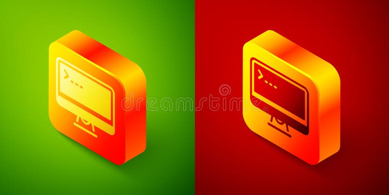 Isometric Computer monitor screen icon isolated on green and red background. Electronic device. Front view. Square royalty free illustration
