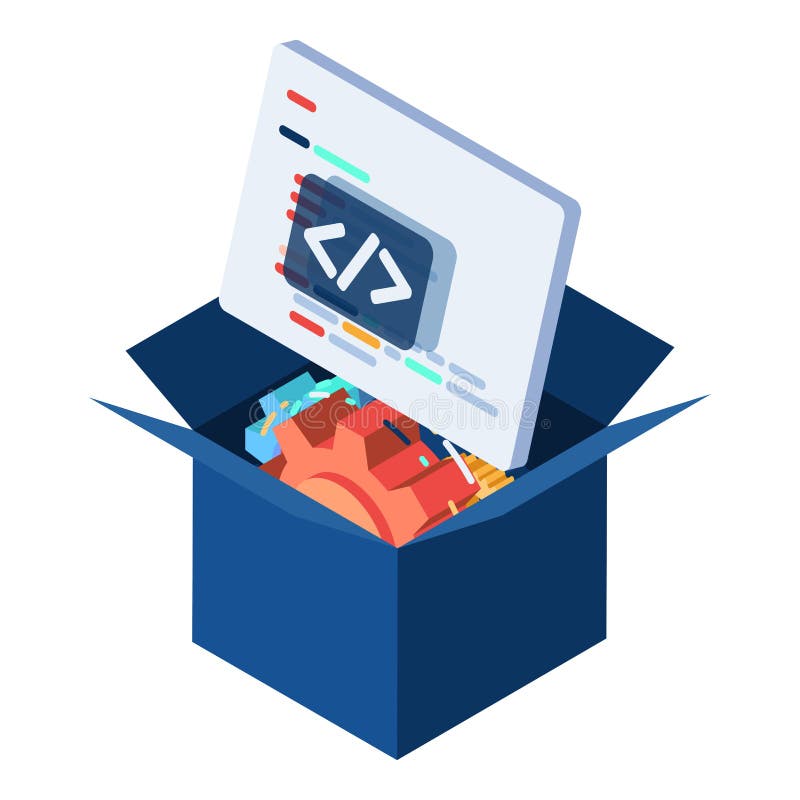 Isometric Computer Programming Language come out From the Box vector illustration