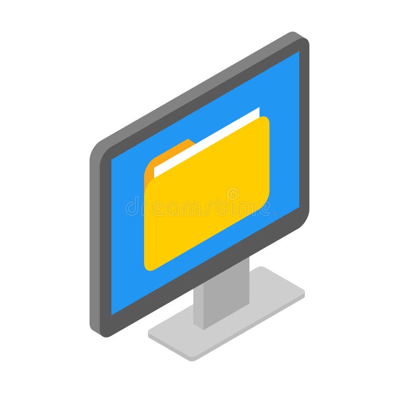 Isometric computer screen with document folder isolated stock illustration