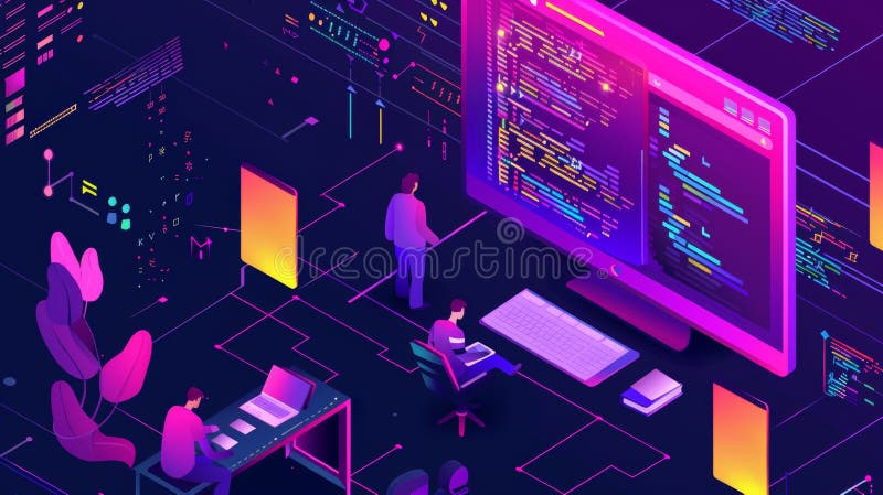 An isometric computer screen, with a working person, and the concept of software testing banner. royalty free stock image