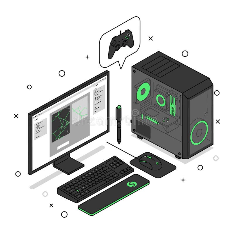 Isometric Computer Setup with Gaming Controller Icon vector illustration